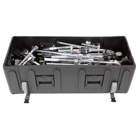 Road Ready Drum Hardware Case With Wheels And Telescoping Handle Featuring Hella Durable Roto Molded Polyethylene Construction Secure Cinch Straps For Stands Pedals And Gear Hauling Black filled with chrome drum hardware.