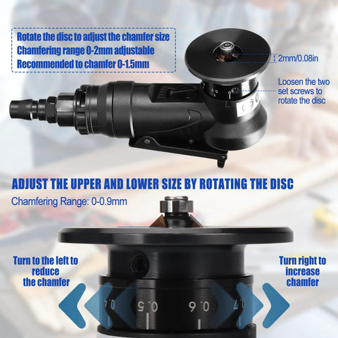 Pneumatic handheld chamfering tool, side view with adjustable disc and 1/4 in air inlet for 0-0.9 mm chamfer