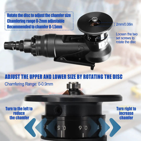 Ultra Lightweight Portable Mini Pneumatic Chamfering Machine With Handheld Air Deburring Tool showing adjustable chamfer disc and settings.