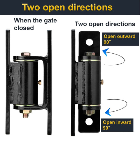 Heavy Duty Gate Hinges Pair Seven Inch Thick Solid Steel Rated For 1100 Lbs Mean Machine Hardware showing open directions for gates.