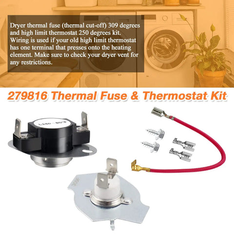Upgrade Dryer Heating Element Kit WP3387747 3387747 W11344457 includes thermal fuse and thermostat, easy install components