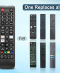 Pack Of 2 Universal Remote Control Replacement For Smart TVs That Play Nice With Frame QLED And LED 7 Series Easy Plug And Play Setup Exact Compatibility With BN59 Series Remotes. Image shows one remote with numeric keypad and function buttons, plus icons for TV brands compatibility.