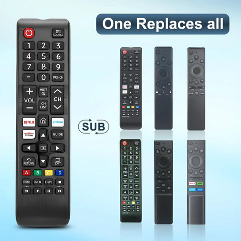 Pack Of 2 Universal Remote Control Replacement For Smart TVs That Play Nice With Frame QLED And LED 7 Series Easy Plug And Play Setup Exact Compatibility With BN59 Series Remotes. Image shows one remote with numeric keypad and function buttons, plus icons for TV brands compatibility.