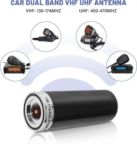 Dual Band GMRS NMO Mount Antenna For VHF 136-174 MHz And UHF 400-470 MHz, 3.5 Inch Low-Profile Design displayed with radios