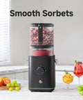 Top Rated 3-In-1 Cold Press Juicer For Juice, Nut Milk And Sorbet with sorbet ingredients on top and drinks on side.