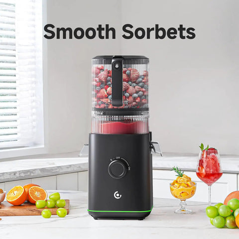 Top Rated 3-In-1 Cold Press Juicer For Juice, Nut Milk And Sorbet with sorbet ingredients on top and drinks on side.