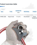 Hand holding arborist rope grab with removable cam and fixed bolt, flip line adjuster on 11mm to 16mm rope, silver anodized.