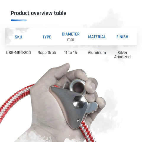 Hand holding arborist rope grab with removable cam and fixed bolt, flip line adjuster on 11mm to 16mm rope, silver anodized.