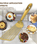 Front view of Snailhouse gold stainless-steel slotted spatula for high-heat frying and flipping