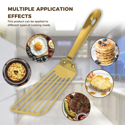 Front view of Snailhouse gold stainless-steel slotted spatula for high-heat frying and flipping