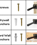 Hidden Eight Inch Floating Shelf Brackets with screws and drywall anchors for easy installation on solid walls.