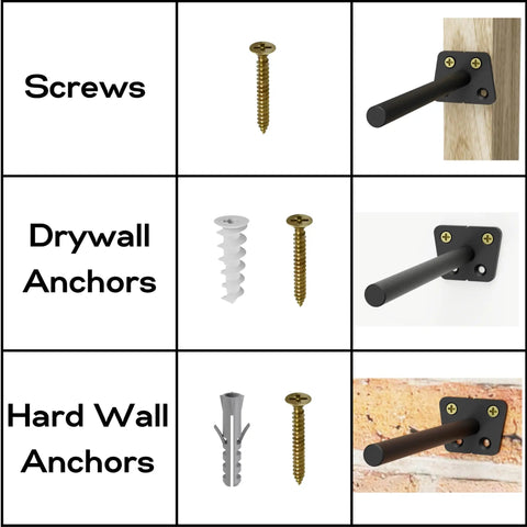 Hidden Eight Inch Floating Shelf Brackets with screws and drywall anchors for easy installation on solid walls.
