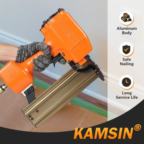 Heavy Duty Pneumatic Concrete T Nailer For Truss Building And Hardwood, 14 Gauge ST64 Nail Gun held by worker