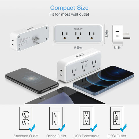 Multi Plug Outlet Extender With USB C Wall Charger and Surge Protector transforms one socket into eight ports, compact size with devices.