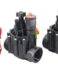 Three One And A Half Inch Inline Electric Solenoid Irrigation Valves With 24VAC Coil And Manual Rotary Switch, UV Resistant Model X150