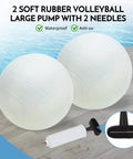 Two soft rubber volleyballs with a pump and two needles on a poolside, part of an Inground Pool Volleyball Net Set With 26 Ft Adjustable Length, 3 Height Options, Durable Aluminum Poles, Easy Setup For Backyard Fun, Outdoor Pool Volleyball System With 2 Balls And Carry Bag, Blue.
