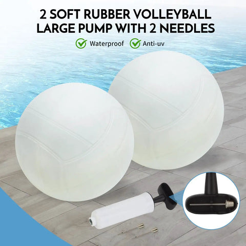Two soft rubber volleyballs with a pump and two needles on a poolside, part of an Inground Pool Volleyball Net Set With 26 Ft Adjustable Length, 3 Height Options, Durable Aluminum Poles, Easy Setup For Backyard Fun, Outdoor Pool Volleyball System With 2 Balls And Carry Bag, Blue.