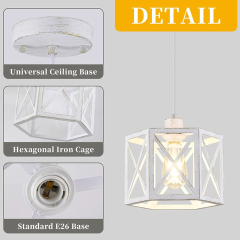 Farmhouse Pendant Lights 2 Pack With Rustic Distressed White Wood And Matte Black Metal Cage Adjustable Mini Pendant Lamps No Glass For Kitchen Island Dining Room And Entryway Dope Modern Farmhouse Look showing hexagonal iron cage and E26 base.