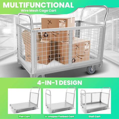 5 In 1 Foldable Flatbed Cart And Heavy Duty Cage Dolly With 2200 Lb Capacity and smooth rolling swivel casters carrying boxes.