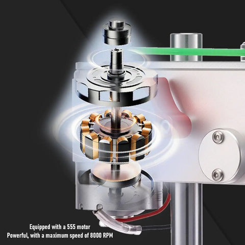Vbestlife Mini Benchtop Drill Press With Variable Speed Up To 8000 Rpm And Jt0 Chuck 0.3-4mm showing motor internals and spinning components.