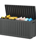 Open Durable Resin Wood Look Outdoor Storage Box With Lockable Lid, Weatherproof 85 Gallon Deck Box For Patio Backyard And Garden