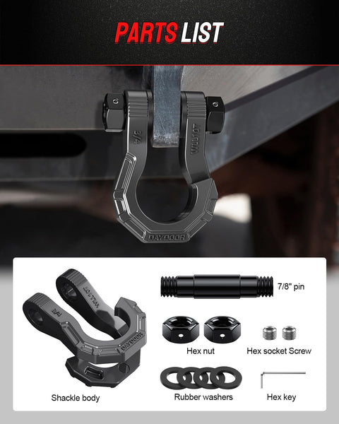 Beefy Heavy Duty D Ring Shackles Two Pack With Seven Eighths Inch Pin shown with parts list including pins and hex nuts.
