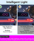 Heart Shaped Car LED Ambient Light With Solar Rechargeable Power, six cool lighting modes, shown in high and low brightness modes.