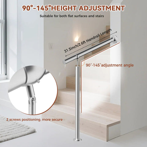 Rock Solid Stainless Steel Handrail For Outdoor Steps Featuring Adjustable Angles And Heavy Duty Build with 90°-145° height adjustment.