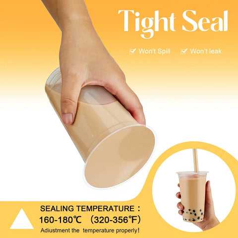Clear Cup Sealing Film Set Two Rolls Fits Cup Sealing Machines 90 To 105 Mm Seals For 16oz PP Plastic Cups About 3200 Cups Per Roll Great For Bubble Milk Tea Coffee Juice Soda Shops showing tight seal