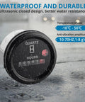 Keep Track Of Engine Hours With This Rugged Quartz Hour Meter For 6V To 80V Systems, 12V Industrial Gauge With Metal Mount Bracket, Anti Vibration, Waterproof Design For Indoor And Vehicle Use. waterproof quartz hour meter on metal bracket in rain