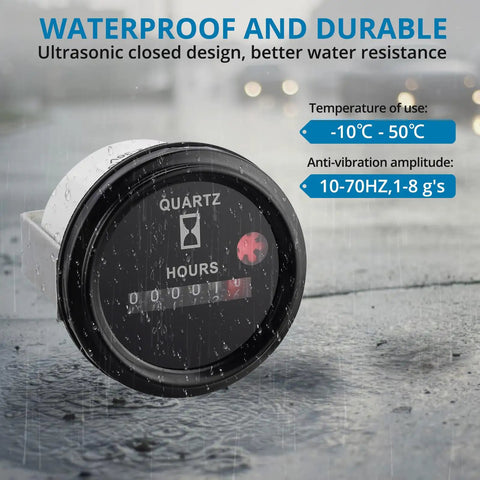 Keep Track Of Engine Hours With This Rugged Quartz Hour Meter For 6V To 80V Systems, 12V Industrial Gauge With Metal Mount Bracket, Anti Vibration, Waterproof Design For Indoor And Vehicle Use. waterproof quartz hour meter on metal bracket in rain