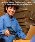 Person using Trigger Grip Handle For TC51 Series Handheld Barcode Scanner in a warehouse setting for efficient scanning.