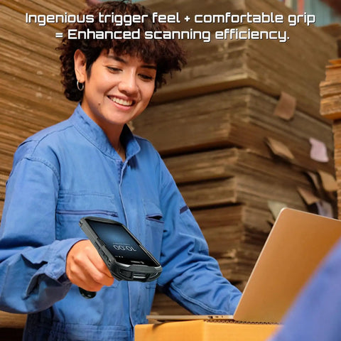 Person using Trigger Grip Handle For TC51 Series Handheld Barcode Scanner in a warehouse setting for efficient scanning.