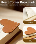Handcrafted Leather Heart Page Corner Bookmarks For Women Teachers Soft Pu Leather With Clean Stitching, shown on book corner.