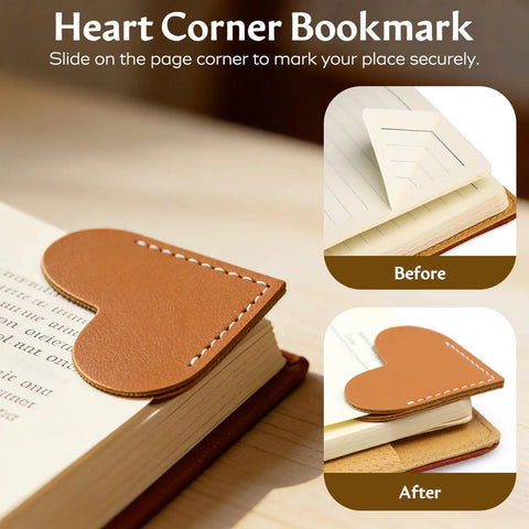 Handcrafted Leather Heart Page Corner Bookmarks For Women Teachers Soft Pu Leather With Clean Stitching, shown on book corner.