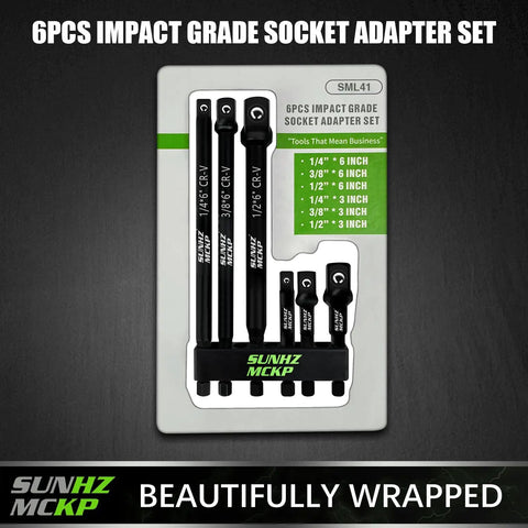 6 Piece Beefy Heavy Duty Impact Socket Adapter Set For Drill And Impact Wrench With 3 Inch And 6 Inch Hex Shank Extensions One Quarter Inch Three Eighths Inch One Half Inch Drive Adapters Holder Included