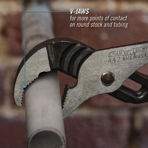 12 inch Tongue And Groove Pliers with V Jaw and Undercut Tongue And Groove Design, gripping a pipe securely, for plumbing work.