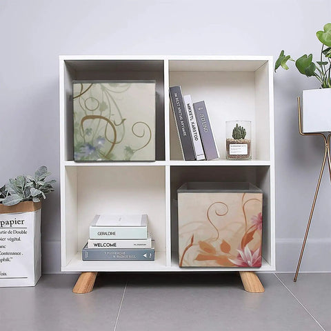 Dang Tough Heavy Duty Foldable Oxford Fabric Storage Cubes With Snazzy Floral Swirls Cover for closet organization in a bookshelf.