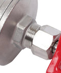Close-up of stainless steel gate valve DN50 2 inch NPT full port with red handle for industrial water and oil lines