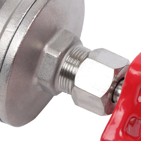 Close-up of stainless steel gate valve DN50 2 inch NPT full port with red handle for industrial water and oil lines