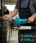 Person using 21V Cordless Electric Grease Gun Kit Delivers Up To 12000 PSI For Heavy Duty Trucks And Farm Gear With Dual 4000mAh Batteries