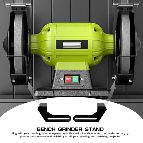 Heavy Duty Bench Grinder Stands With Stainless Steel Tool Rests, Built Like A Tank For Zero Vibration, No Sweat Installs And Sweet Precision For Any Shop Or Garage Crew Working On Metals And Wood Projects close-up of green bench grinder with tool rests attached, solid design for stability in workshops.