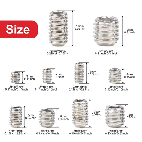 200 Piece Heavy Duty Stainless Steel Allen Head Grub Screws Set With Socket Hex Drive M3 To M8 showcasing screw sizes.