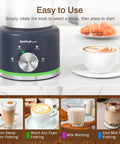 4 In 1 Electric Milk Frother And Steamer, 16.9 Oz Capacity, Dark Blue with knob for hot foam, cold foam, milk heating on a counter.