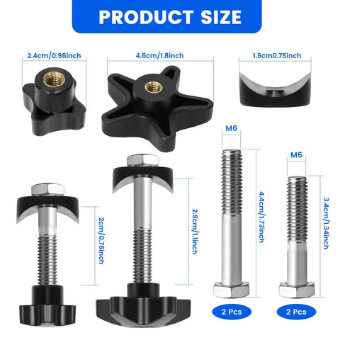 Replacement Walker Knobs Kit for Foldable Rollators, showing sizes of cross and star knobs, M6 screws, and washers