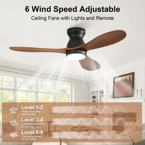 Top Notch 42 Inch Ceiling Fan With Soft Warm Light, App And Smart Remote Control, Dead Silent Dc Motor, Three Handcrafted Wood Blades, Smooth Six Speed Airflow, Cozy Bedroom Patio Glow Up, displayed in a bright living room.
