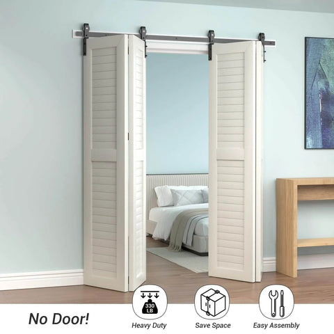 Heavy Duty 48 Inch Bi Folding Sliding Barn Door Hardware Kit With Wall Mount Rollers for Four 11 Inch Bifold Doors installed in bedroom