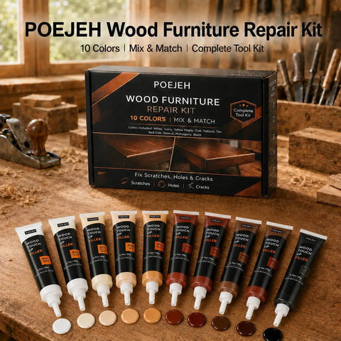 Straight Up Tough Wood Repair Paste With Crack Lock Formula And Easy Glide Blend Sticks For No Stress Furniture Fixing And Lasting Surface Renewal Collection Kit with ten color tubes displayed.