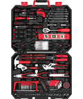 228 Piece Home Tool Kit With Storage Case And Socket Wrench Set visible, red and black case, tools for DIY garage, chrome finish steel