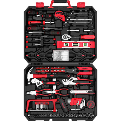 228 Piece Home Tool Kit With Storage Case And Socket Wrench Set visible, red and black case, tools for DIY garage, chrome finish steel